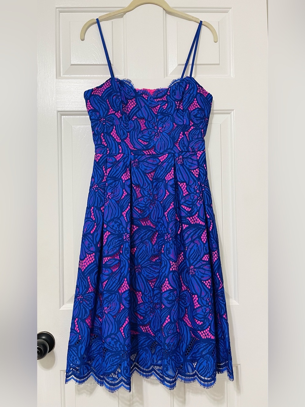 Lilly Pulitzer Blue lace with pink lining spaghetti straps scalloped dress 6